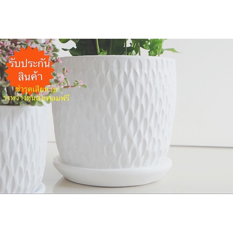 กระถางดินเผา กระถางต้นไม้ พร้อมจานรอง 10 นิ้ว ลายเพชร