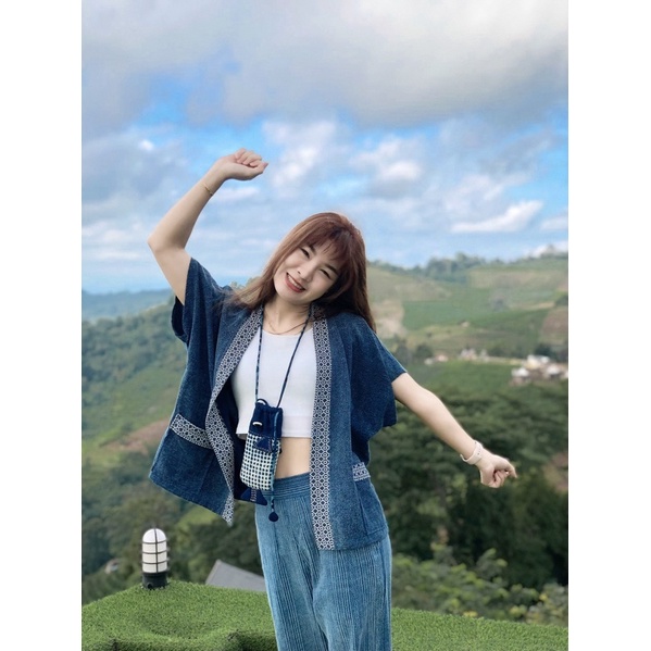 เสื้อคลุมผ้าฝ้ายย้อมคราม กางเกงบอลลูน ผ้าสโตนวอช