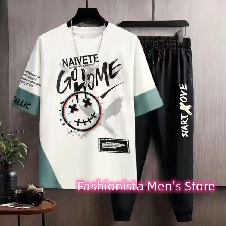 M-4XLแฟชั่นสีGradientแขนสั้นเสื้อยืดผู้ชายหลวมTie dye Splashหมึกกางเกงขาสั้นชุดTเสื้อCrushionแฟชั่นT