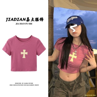 Hot sale🍰💰Spice Girls Pink Print Cross T-Shirt Women s 2022 New Slim Fit Slim Short Sleeve Top