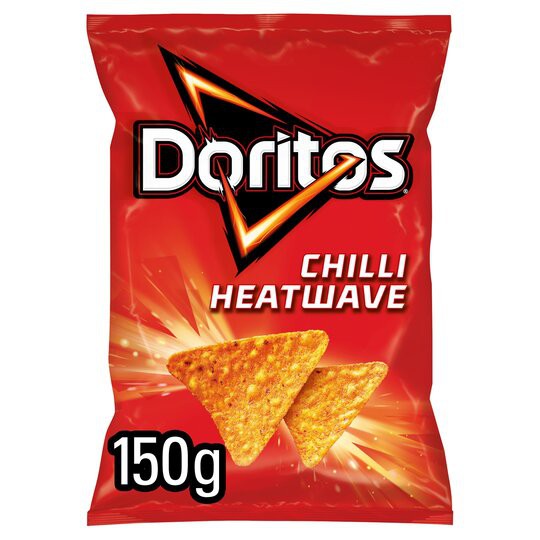 doritos Chilli Heatwave Tortilla Chips 150g. โดริโทส ชิลลี่ฮีทเวฟตอร์ติญ่าชิปส์ 150 กรัม สินค้าจาก อังกฤษ
