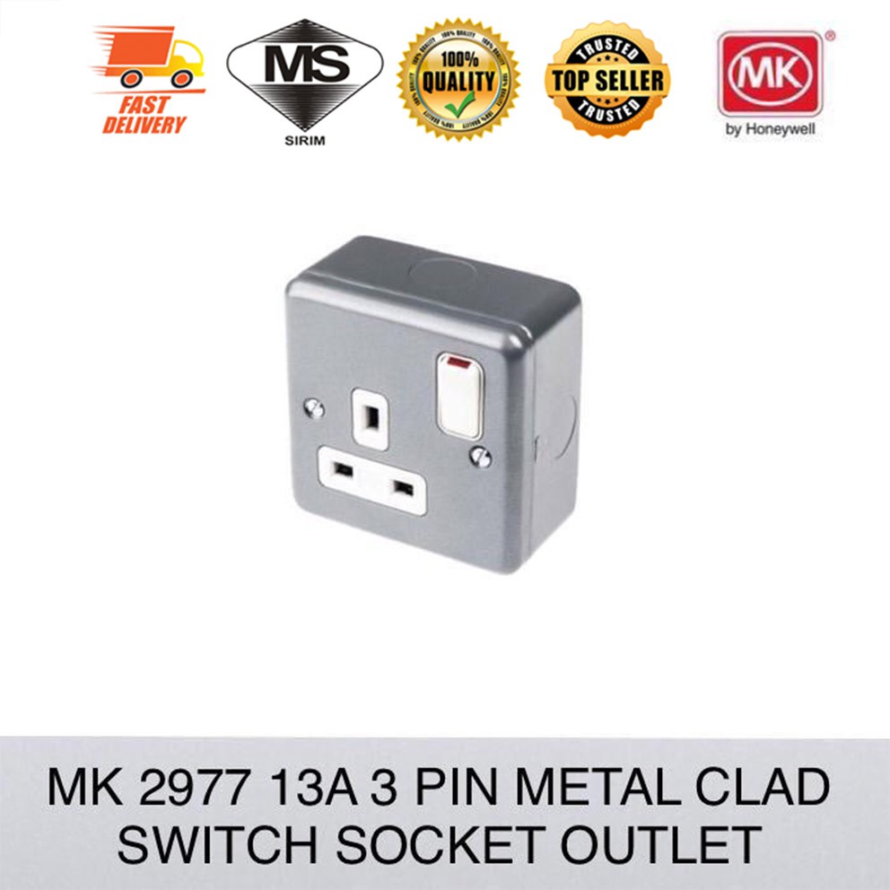 Mk 2977 13AMP 3 Pin 1 Gang โลหะ Clad สวิทช์ซ็อกเก็ต SIRIM APPOVED