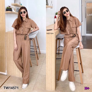 TW14571 Set 2 ชิ้น เสื้อครอปคอปก กระดุมหน้า มีกระเป๋าหน้า เข้าเซตกับกางเกงขายาวมีกระเป๋าข้างสองข้าง เอวสม็อกหลัง