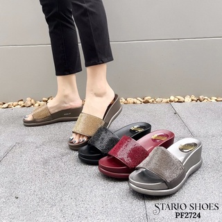 ShuzJai.STARIO.2724🧡รองเท้าแฟชั่นผู้หญิง.รองเท้าสุขภาพสูงประมาณ2นิ้วครึ่งหน้าแผ่นคริสตัลด้านในซับหนังนิ่มสวยหรูทุกสีค่า