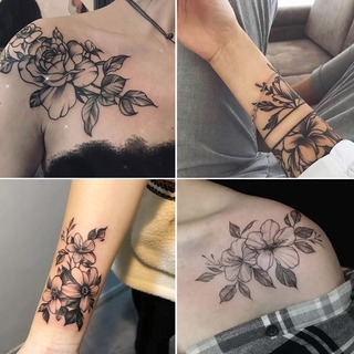 12pcs Plain Flower Tattoo Stickers Waterproof Female Long-lasting Dark Black Clavicle Sexy Arm Tattoo Large Pattern Temporary Tattoo