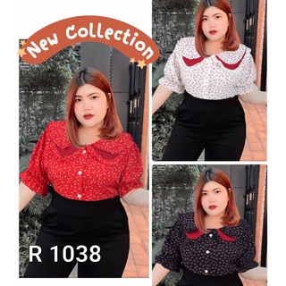 R 1038 .เสื้อลายดอกสาวอวบ รุ่นปกบัวแดง 2 ชั้น