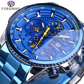 Forsining Mens Automatic Watch Blue Steel Band Calendar 3 Sub Dial Wristwatch Mechanical Waterproof Male Clock Relogio M