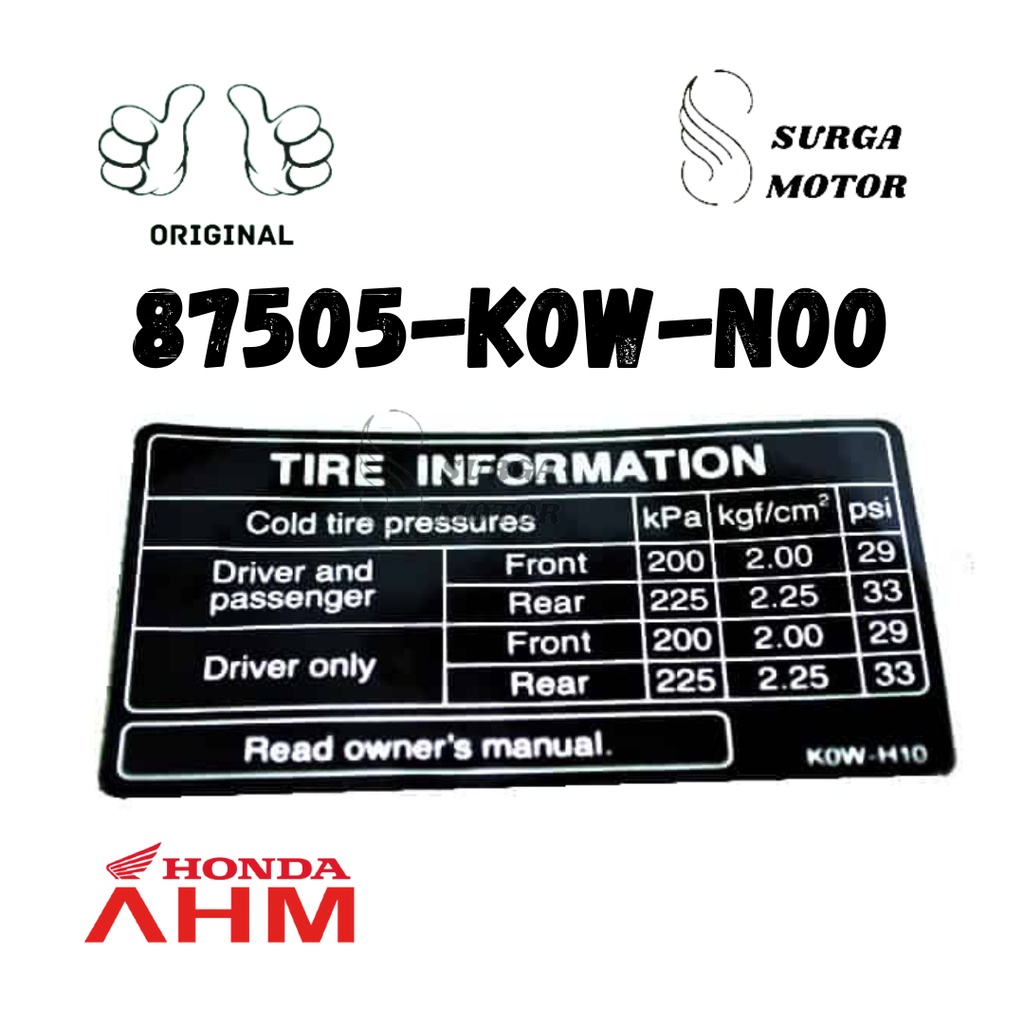 สติ๊กเกอร์สติ๊กเกอร์ Air Pressure Information Sticker Label ยาง ADV 150 ADV150 ของแท้เดิม Honda AHM 