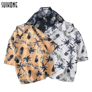 Suikone เสื้อเชิ๊ตผู้ชาย เสื้อเชิ้ตผู้ชายลายดอกไม้ทรงหลวมสไตล์ฮาวาย Beach Trend เสื้อแขนสั้นนักเรียน เสื้อฮาวาย