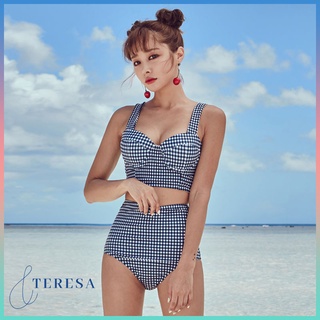 Bikini ทูพีชลายสก๊อต ชุดว่ายน้ำบิกี่สุดน่ารักใส่สบายเเยกสองชิ้น เสื้อสายเดี่ยวกางเกงเก็บพุง