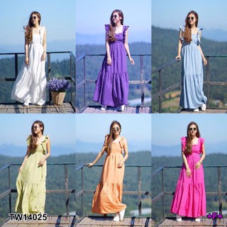 &lt;TW14025&gt;Maxi Dress เดรสยาว คอเหลี่ยม ดีเทลระบายแขน ด้านหลังดึงยาง มีผูกโบว์เข้ารูปตามสรีระของสาวๆ เนื้อผ้าสปันนิ่มพริ้ว