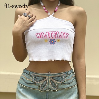 U-sweety เสื้อกล้าม สายคล้องคอ พิมพ์ลายตัวอักษร เปิดหลัง เซ็กซี่ สําหรับผู้หญิง