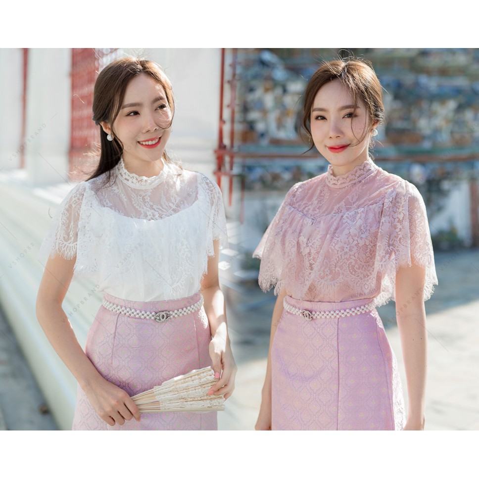 S-XXL⚡เสื้อชุดไทยประยุกต์ เสื้อลูกไม้ระบาย ใส่ทำบุญ สีขาว/สีชมพู/สีทอง/สีครีม