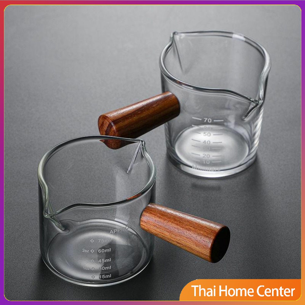 แก้วช็อต Espresso Shot ด้ามจับไม้ ขนาด 70 ml และ 75 mlสินค้าพร้อมส่ง แก้วชอตกาแฟ แก้วตวง Measuring cup