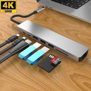 สายต่อโทรศัพท์ เข้าทีวี 8 in 1 Hub USB Type-C to HD/USB3.0*2/RJ45 Lan/TF/SD/PD Converter