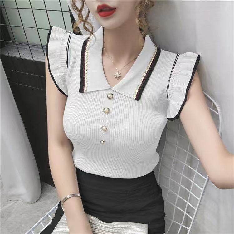 BONNIE(พร้อมส่ง/1929)2021 ใหม่ไหมพรมแขนสั้นผู้หญิงฤดูร้อนแขนกุดเสื้อโปโลออกแบบรู้สึก niche