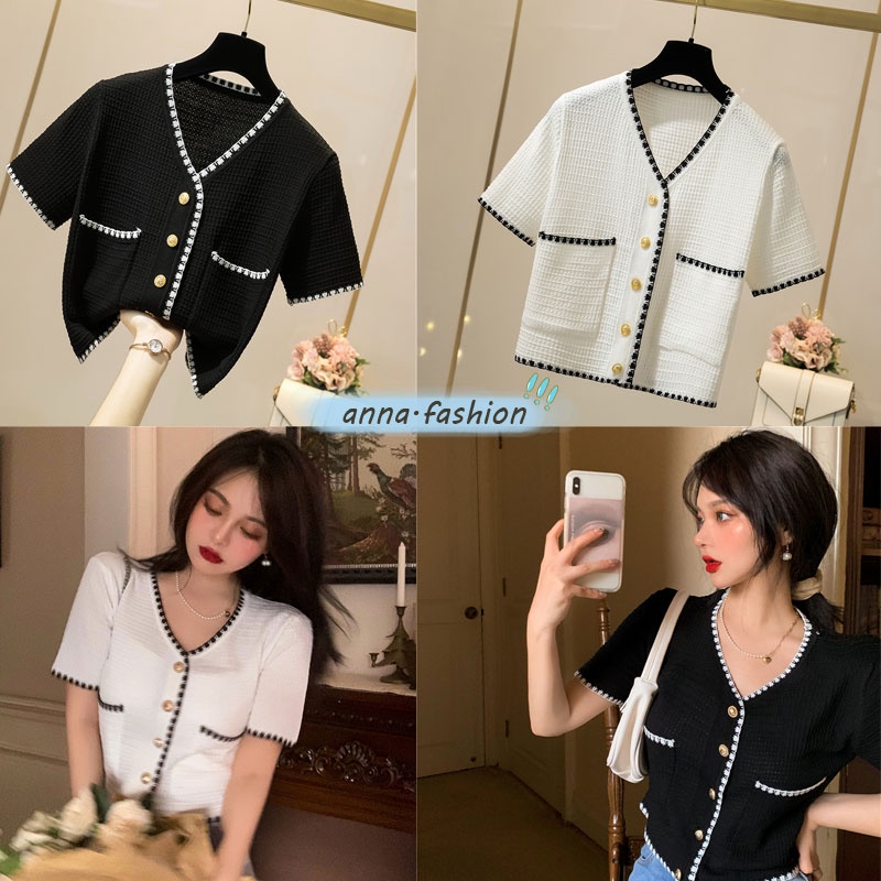 anna 261 พร้อมส่ง ส่งจากกรุงเทพ *สินค้าพร้อมส่ง* เสื้อครอปถักลาย หรูหราสไตล์เกาหลี ดำและขาว เสื้อแขนสั้นผู้หญิง