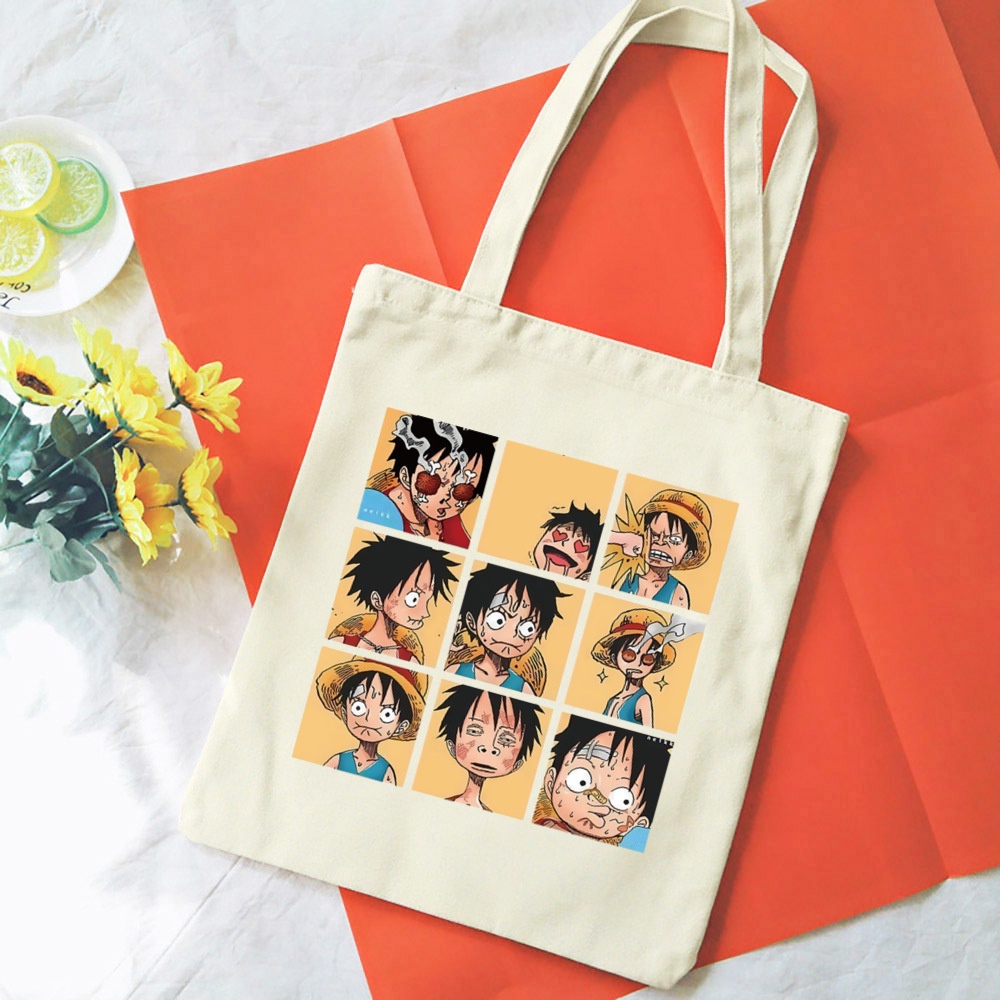 กระเป๋าสะพายไหล่ กระเป๋าช้อปปิ้ง ผ้าแคนวาส พิมพ์ลายนารูโตะ One Piece น่ารัก สไตล์ญี่ปุ่น สําหรับผู้หญิง