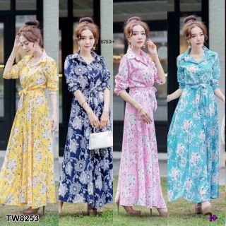 MaxiDress แม็กซี่เดรสเชิ้ต พิมพ์ลายกราฟฟิกดอกไม้ งานสวย จัดเต็มกับลายดอกไม้พิมพ์สวยๆ ข้างเอวมีสายผูกเก็บทรงชุด