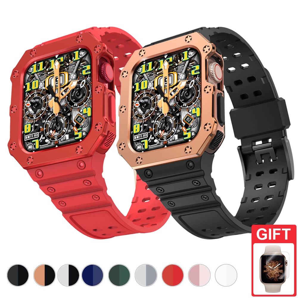 สายซิลิโคนพร้อมฝาครอบเคสสําหรับ iWatch Series 9/8/7/6/SE/5/4/3 45mm 41mm 44mm 42mm 40mm 38mm