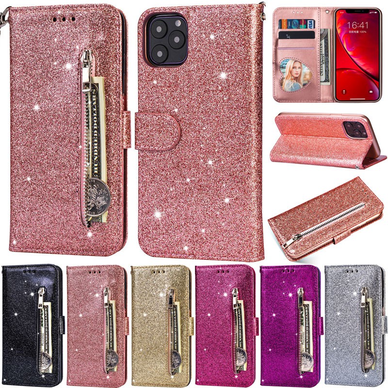 เคสโทรศัพท์มือถือหนัง Pu นิ่ม ฝาพับ ลายกลิตเตอร์ พร้อมช่องใส่บัตร และขาตั้ง หรูหรา สําหรับ iPhone 13 Mini 12 Mini XR Xs X 11 Pro 6s Plus 6 Plus 7 Plus 8 Plus SE 2020 SE 2022