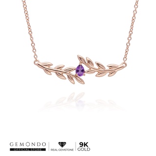 Gemondo สร้อยคอพร้อมจี้ทองคำแท้ 9K โรสโกลด์ ประดับแอเมทิสต์ (Amethyst) ดีไซน์ทรงใบมะกอก