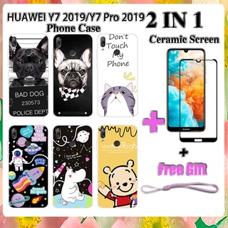 2 IN 1 HUAWEI Y7 2019 Y7 Pro 2019 เคสโทรศัพท์ พร้อมกระจกนิรภัยกันรอยหน้าจอ เซรามิค ฟิล์มโค้ง การ์ตูน