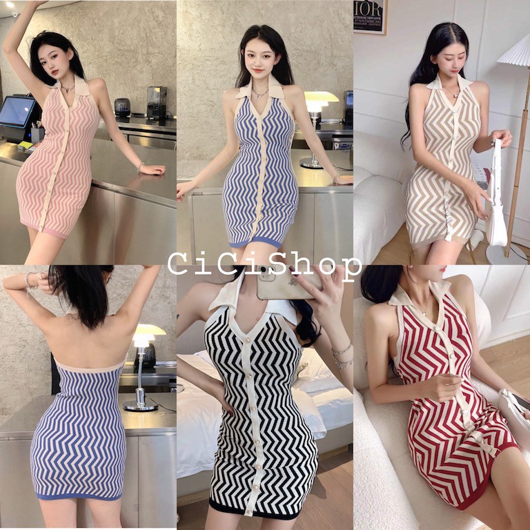 Cicishop(SALE/สุ่มสี 708-1)เดรสไหมพรม คล้องคอ น่ารักปนแซ่บ ดีเทลโชว์หลังมีกระดุมหน้า