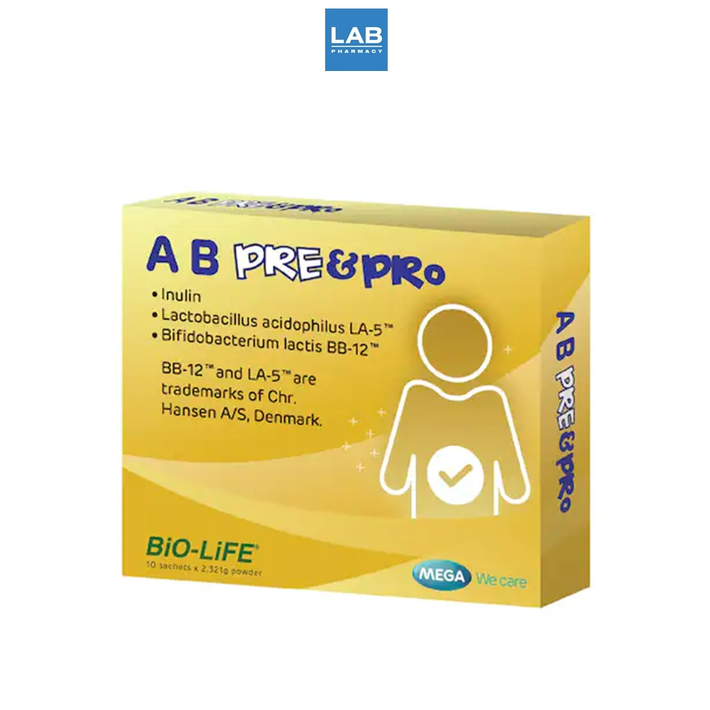 MEGA We Care AB Pre & Pro 10 Sachets/box -  เอ บี พรี แอนด์ โพร ผลิตภัณฑ์เสริมอาหาร โพรไบโอติก 1 กล่อง บรรจุ 10 ซอง