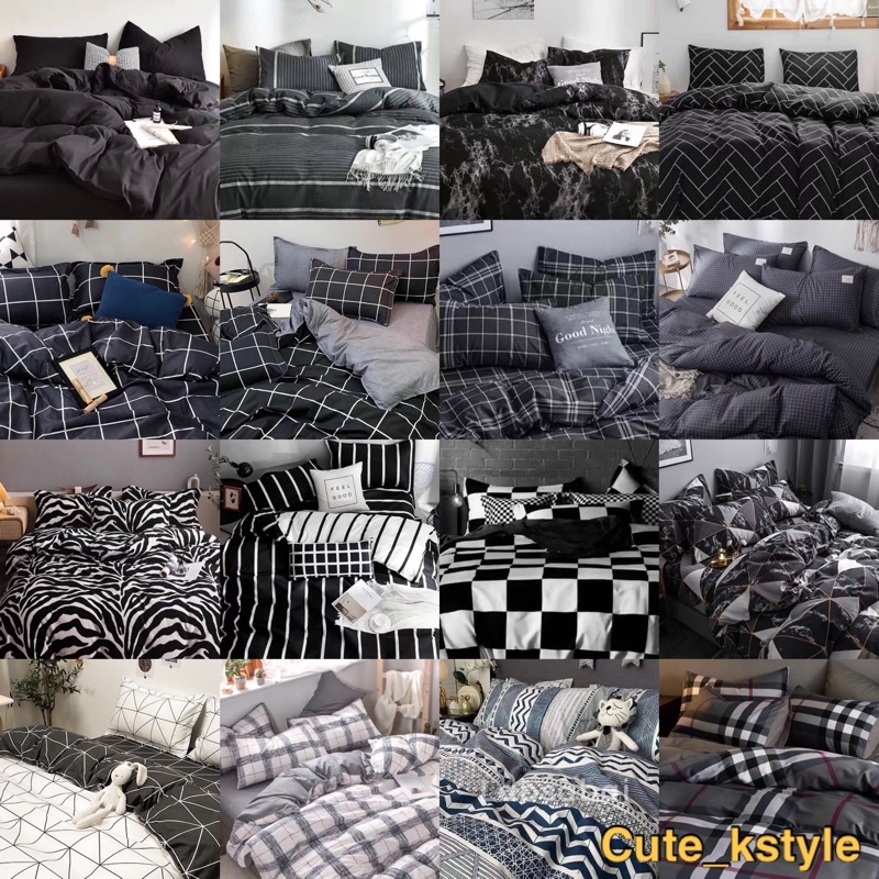 ส่งEMS ครบชุด ชุดเครื่องนอน ผ้าปูที่นอนมินิมอล 6 ชิ้น ลายกราฟฟิค ลายทาง ลายขีด สีขาว ดำ ขาวดำ กรม เทา มูจิ muji