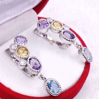 L6459 ต่างหูพลอยอเมทิสต์,ซิทรีน,โทพาซ ( Amethyst,Citrine,Topaz ) แบบอิงลิชล็อค ตัวเรือนเงินแท้ 925 ชุบทองคำขาว