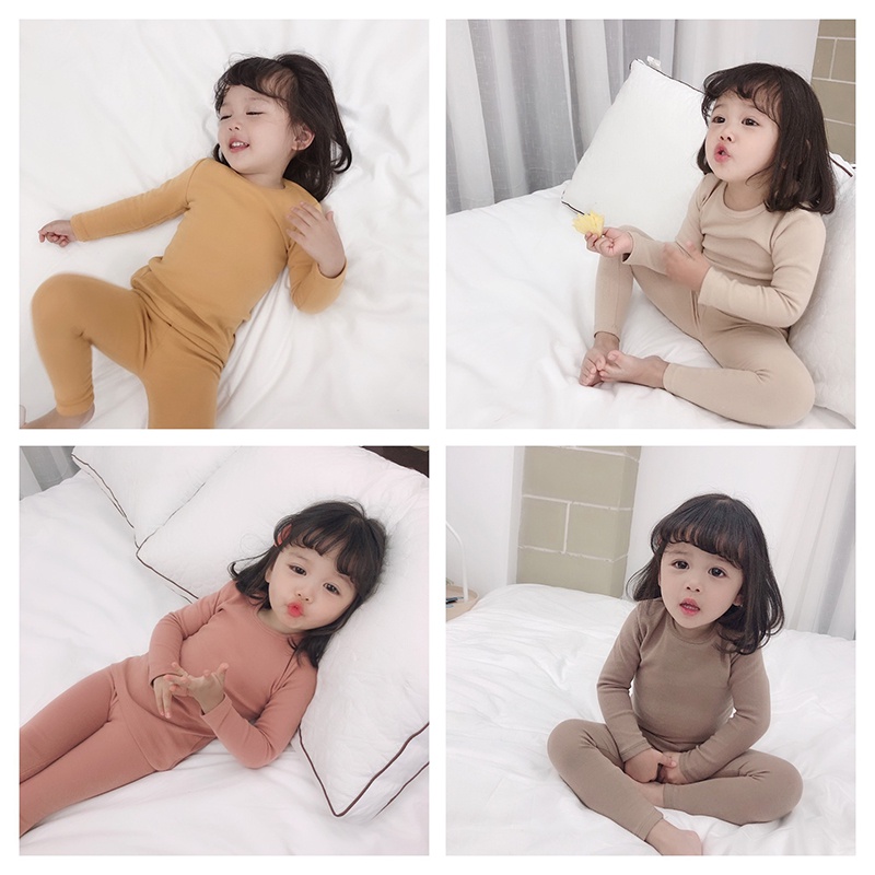 Essentials ชุดนอนผ้าฝ้าย คอกลม แขนยาว สีพื้น ใส่สบาย สําหรับเด็กผู้หญิง และเด็กผู้ชาย 2 ชิ้น