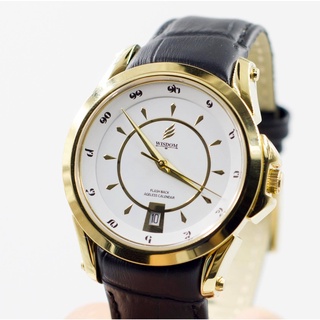 นาฬิกา Automatic สายหนังแท้ ตัวเลขไทย สายดำ เรือนทอง 18k หน้าปัดขาว Wisdom Watch WD01