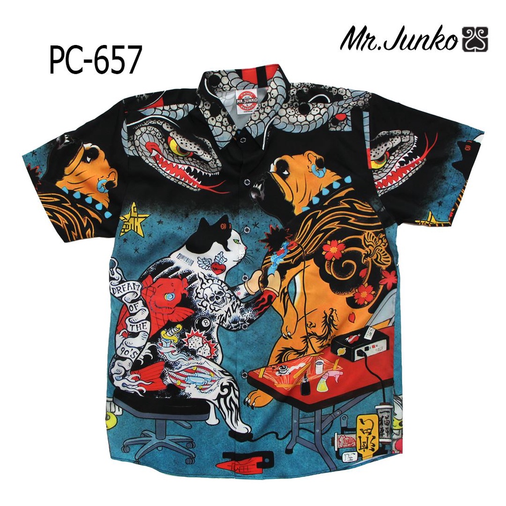 ⚡ ส่งฟรี⚡เสื้อเชิ้ต งานต่อลาย Mr-Junko ลายแมวยากุซ่า tattoo PC-657