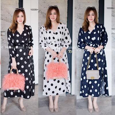 Maxi Dress เดรสคอวีไขว้อกแขนยาวทรงตุ๊กตา TW10335