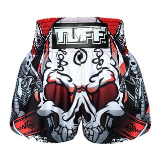 TUFF มวยไทย กางเกงมวยไทย สีแดง ขาว ลายกะโหลก TUFF Muay Thai Boxing Shorts Devil Skull With Double Skeleton