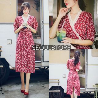 เดรส 5 ส่วนสีแดงสุดน่ารัก เนื้อผ้าพิมพ์ลายดอกไม้ทั้งชุด