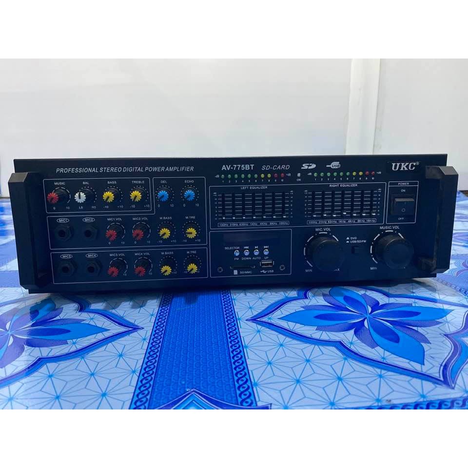 เครื่องขยายเสียง เครื่องผสมสัญญาณเสียง Power Mixer UKC AV-775BT 4MIC input USB SD card MMC EQ 7 Band