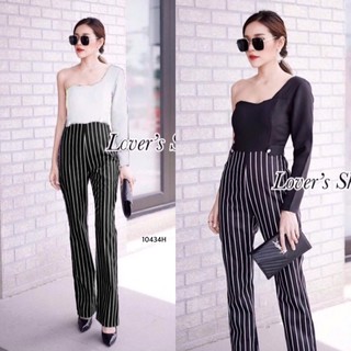 J10434 Jumpsuit จั๊มสูทขายาว ไหล่เดียว กางเกงริ้ว