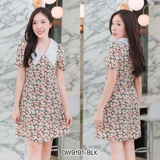 (L) เดรสสั้นคอปกลูกไม้ แต่งกระดุมมุก สีดำ IDW9191