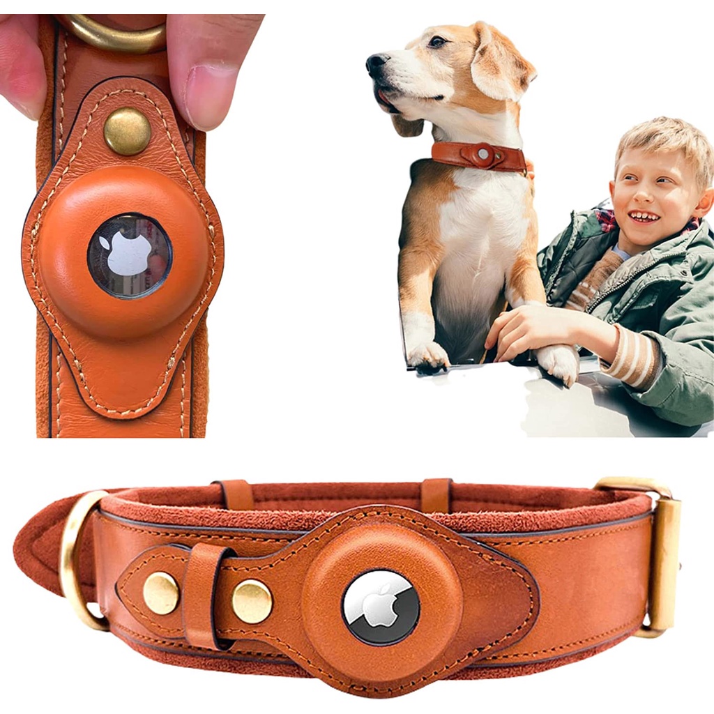 New Genuine Leather Airtag Dog Collar Heavy Duty Dog Collar with Airtag Holder Case Pet Location