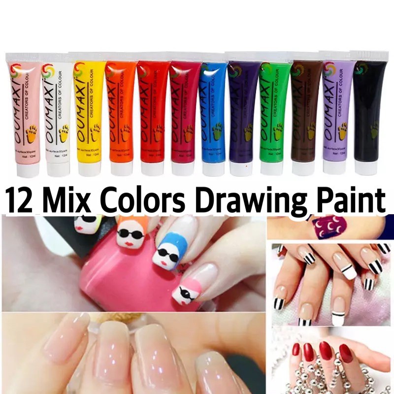 🪴สีเพ้นท์เล็บกล่อง12สี สีอคิลิก เพ้นท์แบบไม่ต้องอบ