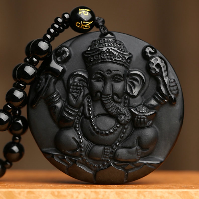 Obsidian Ganesha India Elephant HINDU Lucky Charms Necklace Pendant