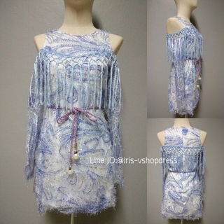 Mini Dress เว้าไหล่งานผ้าฟรุ้งฟริ้ง (ฟ้า)