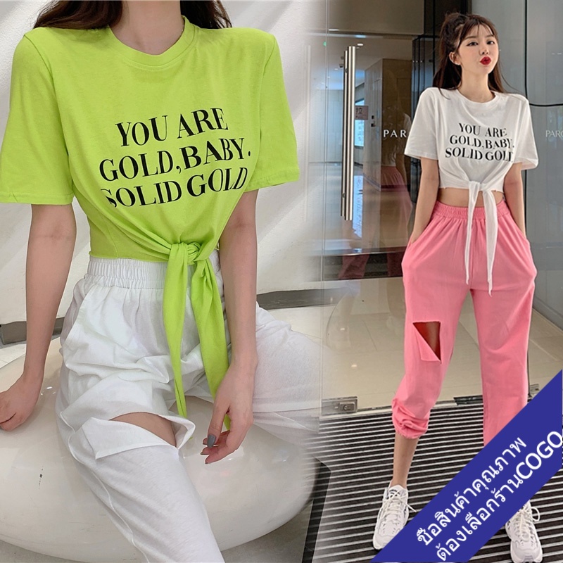 เสื้อครอปเอวลอยผู้หญิง เสื้อผ้าแฟชั่นวัยรุ่นน่ารัก เสื้อยืดแขนสั้นสไตล์เกาหลี พิมพ์ลายตัวหนังสือ ผ้าใส่สบาย พร้อมส่ง
