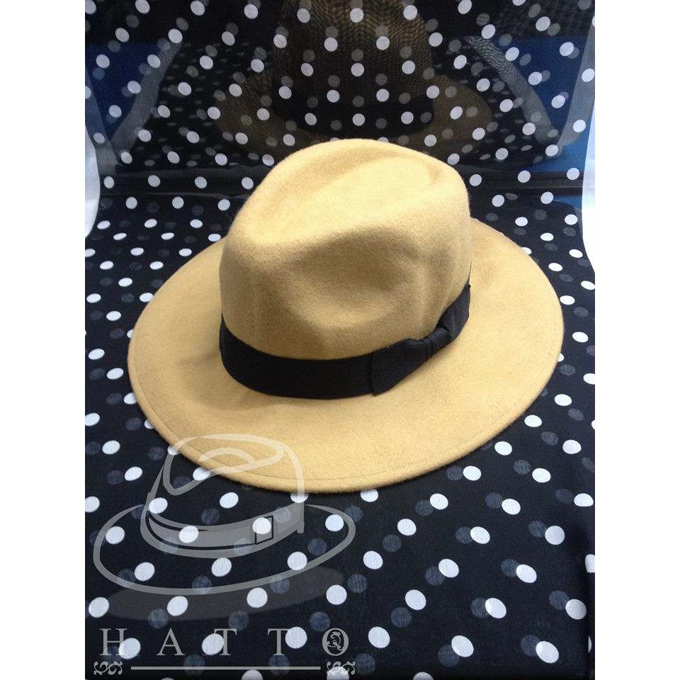 P0504 หมวกปานามาเฟโดร่าwool สีครีม คาดโบว์ดำ