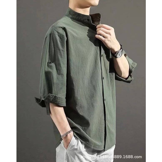 เสื้อเชิ้ตคอจีน แขน3ส่วน SMT002 สไต์ฮ่องกง แฟชั่นสำหรับผู้ชาย สวมใส่สบาย M-3XL