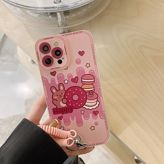 เคสป้องกันโทรศัพท์มือถือ ลายโดนัท และกระต่าย พร้อมสายคล้อง สําหรับ Apple Iphone 14plus 13mini 11 12pro 678plus xsmax xr