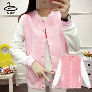 baseball jacket เสื้อแจ็คเก็ต เบสบอล แจ็คเก็ตเบสบอล สีชมพู แขนขาว มี 7 size F5Cs04-0377