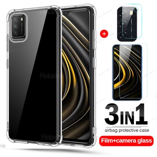 3 in 1 เคสโทรศัพท์ แบบใส กันกระแทก + ฟิล์มป้องกันเลนส์ + ฟิล์มกระจกนิรภัยกันรอยหน้าจอ สำหรับ Xiaomi Redmi Note10 Pro Max Poco M3 Pro 10S 4G 5G